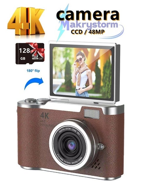 4k CCD Digital Zoom Student Digital Camera 48MP Portable Digital Photography Camera 180° Flip Screen Selfie Camera，with 128GB SD card